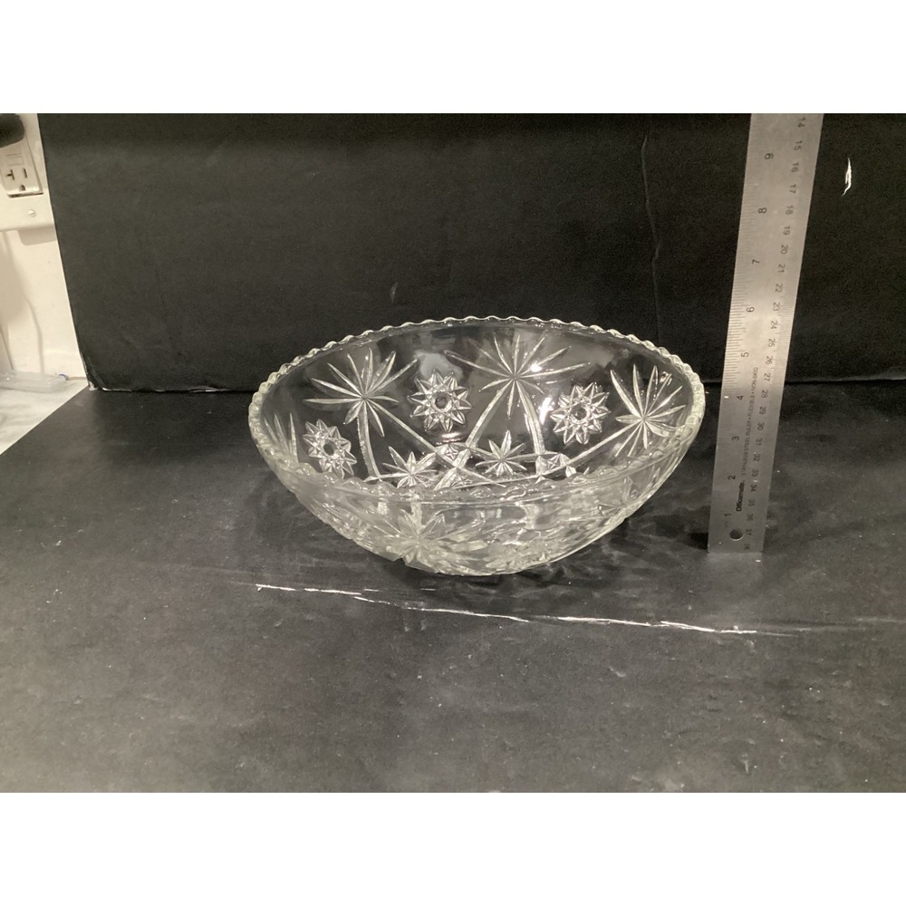 Vintage Cut Glass Serving Bowl Starburst Pattern Scalloped Rim Clear Crystal